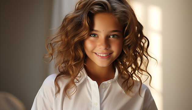 Smiling woman with long curly hair exudes confidence and happiness generated by AI