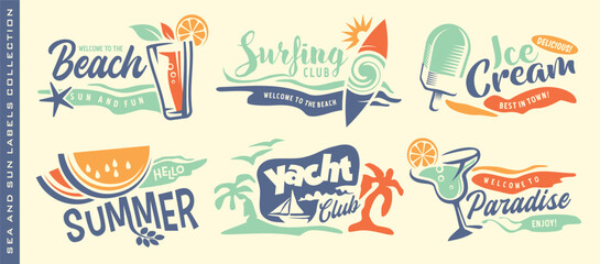 Summer holiday logos and labels collection. Sun and sea fun on the beach vector set with watermelons, ice cream, tropical cocktail bar and surfing board graphics. - obrazy, fototapety, plakaty
