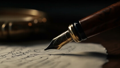 Naklejka premium Antique quill pen writes elegant calligraphy on parchment document generated by AI