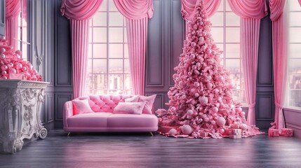 Christmas living room interior with pink sofa, fireplace and pink curtains on the windows.