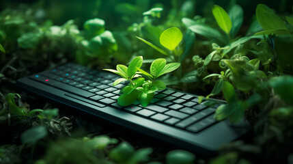 Plantes vertes et jeunes pousses poussant autour d'un clavier d'ordinateur, touches noires - obrazy, fototapety, plakaty