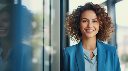 Cheerful businesswoman smiling against office background