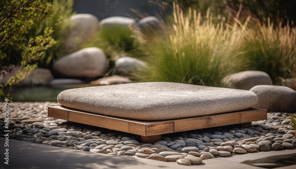 Poster stone pebble stack on grass, tranquil scene with selective focus generated by ai