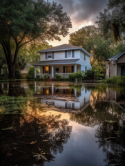House is reflected in a body of water.