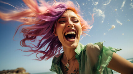 happy woman screaming on the beach - obrazy, fototapety, plakaty