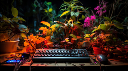 Plantes et fleurs variées autour d'un clavier d'ordinateur sur un bureau, fils et technologie connectée - obrazy, fototapety, plakaty
