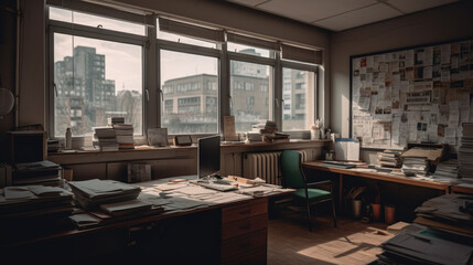 Empty office with a large window and lots of papers on the desk.