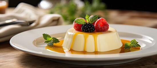 At the culinary institute, the talented chef prepared a delightful meal with a scrumptious breakfast dish, a creamy caramel pudding, and a vanilla panna cotta topped with fresh herbs for a delectable