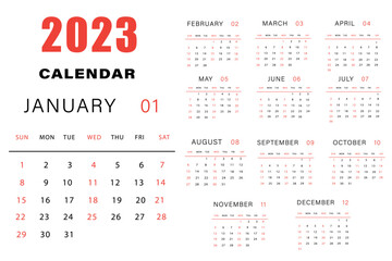 Calendar 2023 week start Sunday. Corporate design planner template vector. Calendar planner 2023
