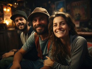 A group of friends enjoying a night at a bar, smiling and looking at camera.