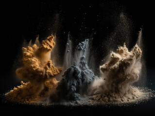 Three different colors of powder on a black background.