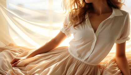 Fototapeta na wymiar Young woman in a beautiful dress enjoys the sunlight indoors generated by AI