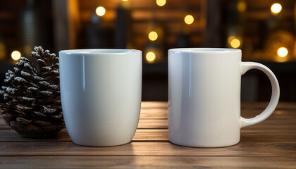 Cozy winter night hot coffee warms wood table, candle illuminates generated by AI