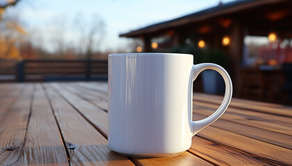 Fototapeta na wymiar Wooden table outdoors, coffee cup on background of nature generated by AI