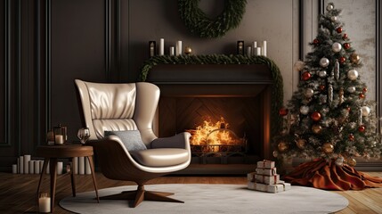 a beautiful leather chair adorned with a white velveteen blanket. In the background, showcase a cozy fireplace with stockings and a glimpse of a decorated Christmas tree.