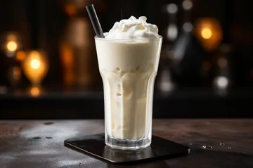 Rolgordijnen Glass vanilla milkshake. Creamy dessert. Generate Ai © juliars