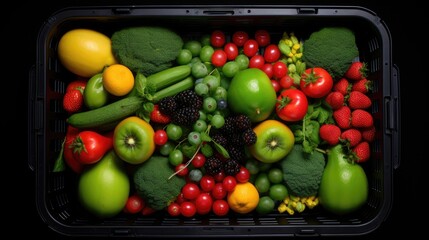 a black plastic grocery basket filled with an assortment of vibrant fruits, appealing composition that showcases freshness and variety.