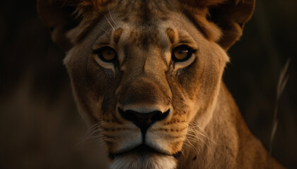 Obraz premium Majestic lioness staring, alert in the African wilderness savannah generated by AI