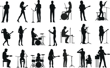 set of silhouette singer musician music group illustrations - obrazy, fototapety, plakaty