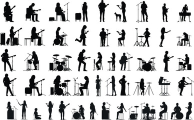 set of silhouette singer musician music group illustration rock - obrazy, fototapety, plakaty