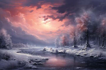 Fototapeta premium Atmospheric evening winter landscape