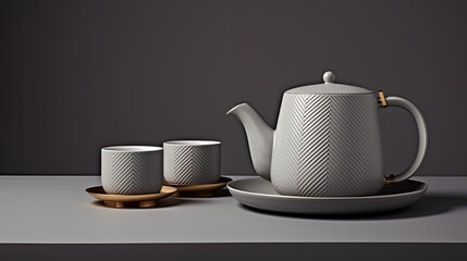a ceramic coffee and tea set in a light luxury fashion style, with embossed geometric texture, a golden handle, and a gray, clean, and tidy body.