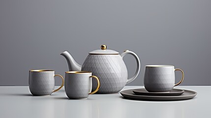 a ceramic coffee and tea set in a light luxury fashion style, with embossed geometric texture, a golden handle, and a gray, clean, and tidy body.