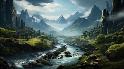 Ethereal Valley: A River's Journey Through Majestic Peaks
