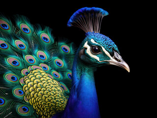 Peacock Studio Shot Isolated on Clear Black Background, Generative AI