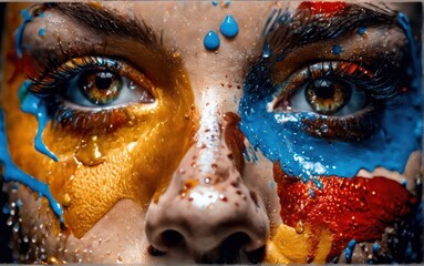 Beauty portrait of a young woman with a paint on her face. Splash and drops on skin. Close up view
