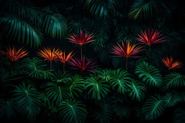 fireworks on the background, A creative layout installed with a tropical colorful plants forest glowing in the dark background5
