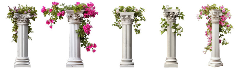 Collection of columns with plants on them on a white or transparent background generative ai