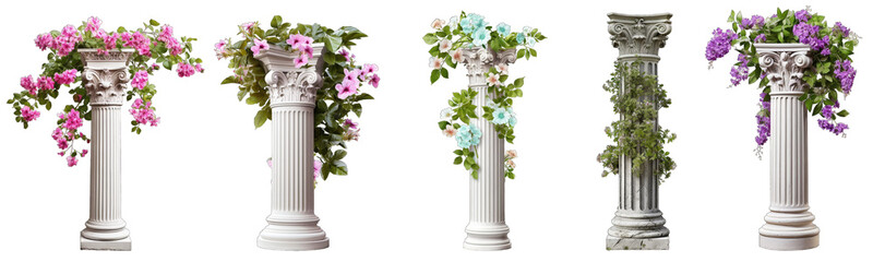 Collection of columns with plants on them on a white or transparent background generative ai