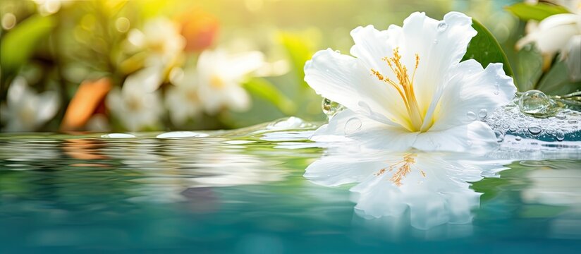 In the summer, as nature awakens with vibrant splendor, a single white floral flower gracefully blooms, reflecting its beauty in the crystal clear water, amidst a garden adorned with lush green leaves