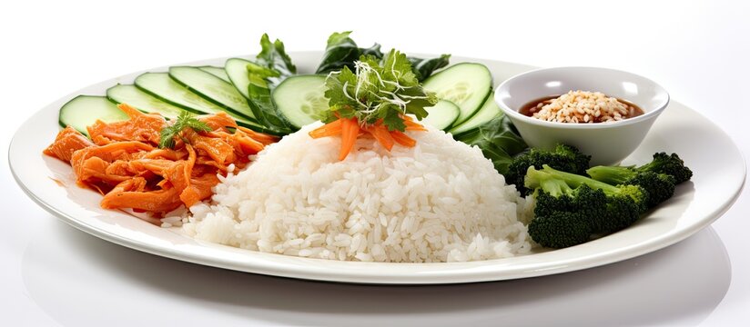 white background of the Asian restaurant, a healthy meal was served on a white plate a delicious combination of Thai rice, Chinese vegetables, and garlic, promoting good health and green eating.