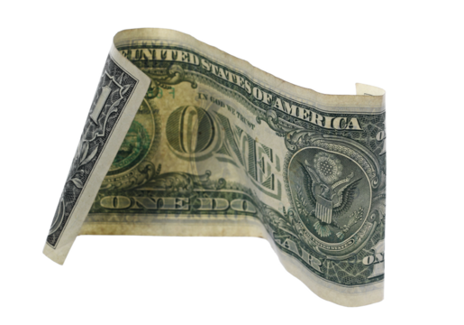 One dollar flying isolated on white, clipping
