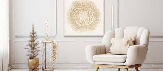 white vintage room, a Christmas poster adorned the wall, showcasing an abstract art illustration with an intricate pattern and texture, reminiscent of retro design. The background featured a vintage