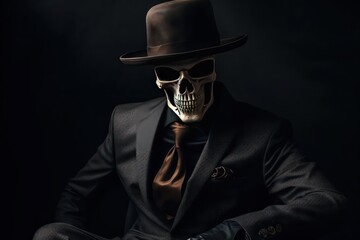 Skeleton in a black suit and hat, businessman or gangster. Generative AI - obrazy, fototapety, plakaty