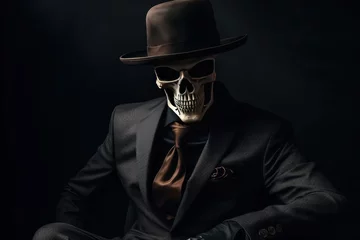 Fotobehang Skeleton in a black suit and hat, businessman or gangster. Generative AI © masharinkaphotos