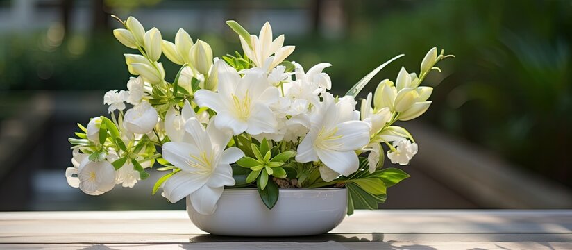 As summer arrived, one can't help but be mesmerized by the beauty of nature's gift: a white floral arrangement in the interior, radiating health and beauty. The garden, filled with tropical plants