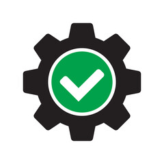 Check mark with gear icon, cog with check icon.