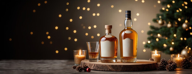 Whisky bottle with blank label template and Christmas ornaments on wooden table. Bottle and glasses of Whisky on christmas table with blurred christmas tree in background. banner with space for text - obrazy, fototapety, plakaty