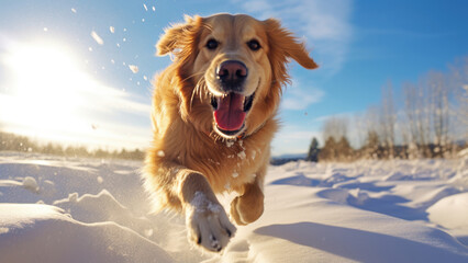 Dog running in the snow in winter under warm sun lights.