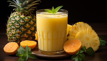 Fresh pineapple slice on wooden table, refreshing summer drink generated by AI