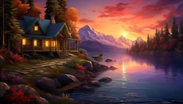 Serene Lakeside Cabin at Sunset