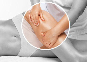 Masseur makes anti-cellulite massage on the legs, thighs, hips and buttocks in the spa. Overweight...