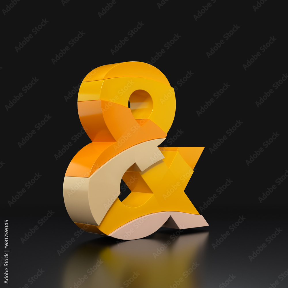 Poster multicolored extruded ampersand symbol isolated on black background. 3d rendering