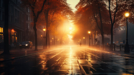 Fototapeta na wymiar Foggy autumn morning in town