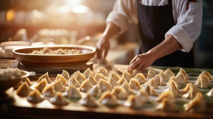 Many raw Jiaozi or Gedza Chinese dumplings, common in East Asia. A woman chef preparing Gedza  in the restaurant kitchen
