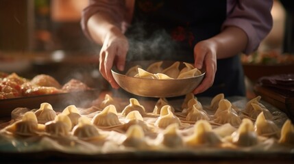 Chef's hands mould tasty gyoza. Tasty homemade food, Japanese cuisine. A woman chef cooks gyoza in...